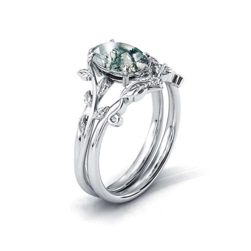 Sterling Silver Natural Moss Agate Blue Sandstone Opal Set Ring