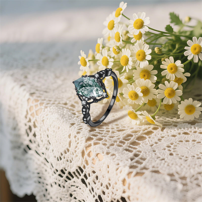 Sterling Silver Personalized Engraved Black Moss Agate Bridal Wedding Promise Engagement Ring for Women