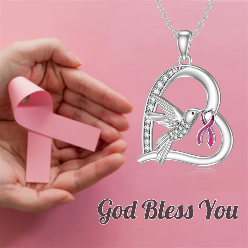 Sterling Silver Cubic Zircon Hummingbird Cancer Awareness Pendant Necklace Gifts for Women