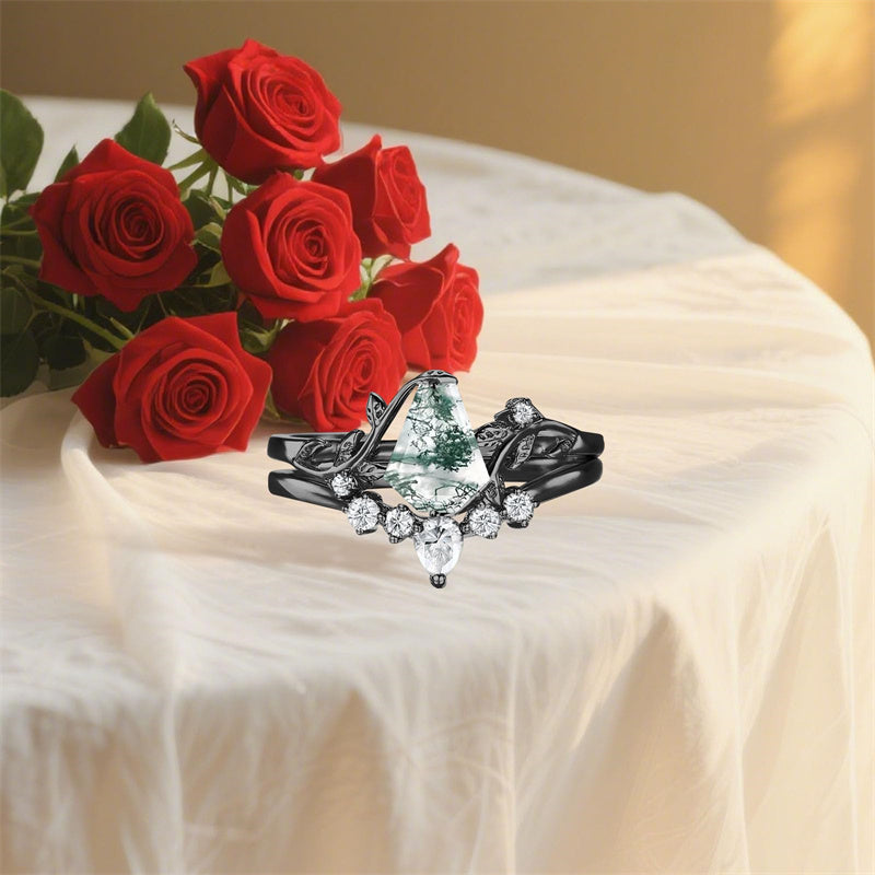 Sterling Silver Personalized Engraved Moss Agate Bridal Wedding Promise Engagement Ring Set for Women