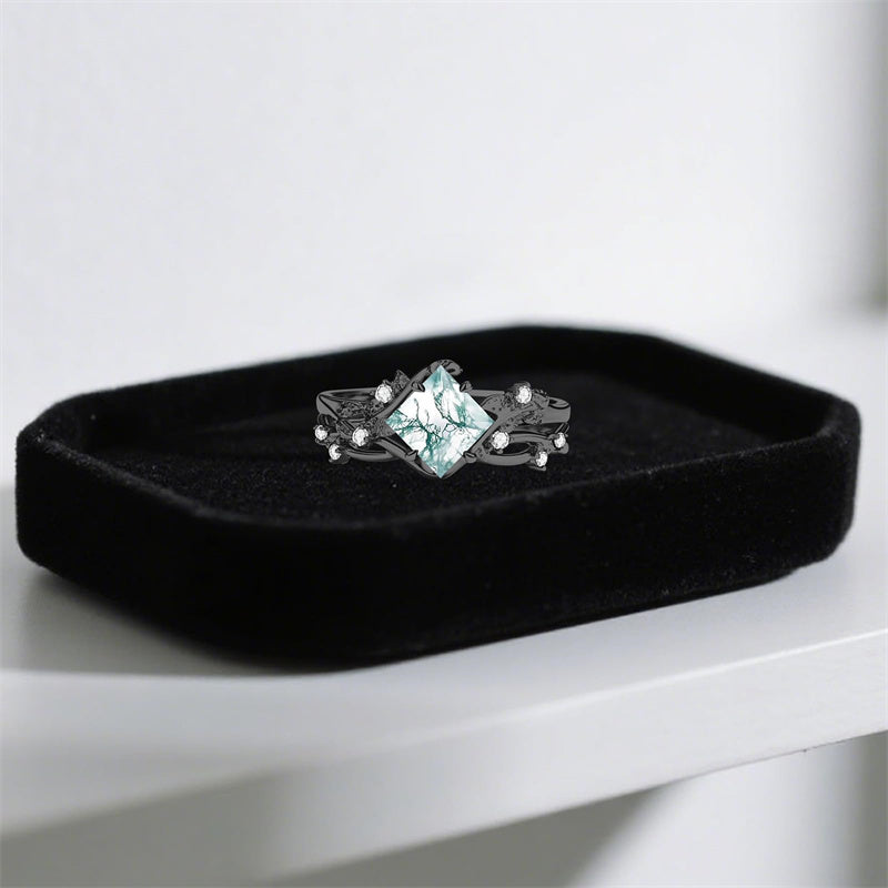 Sterling Silver Personalized Engraved Moss Agate Bridal Wedding Promise Engagement Ring Set for Women