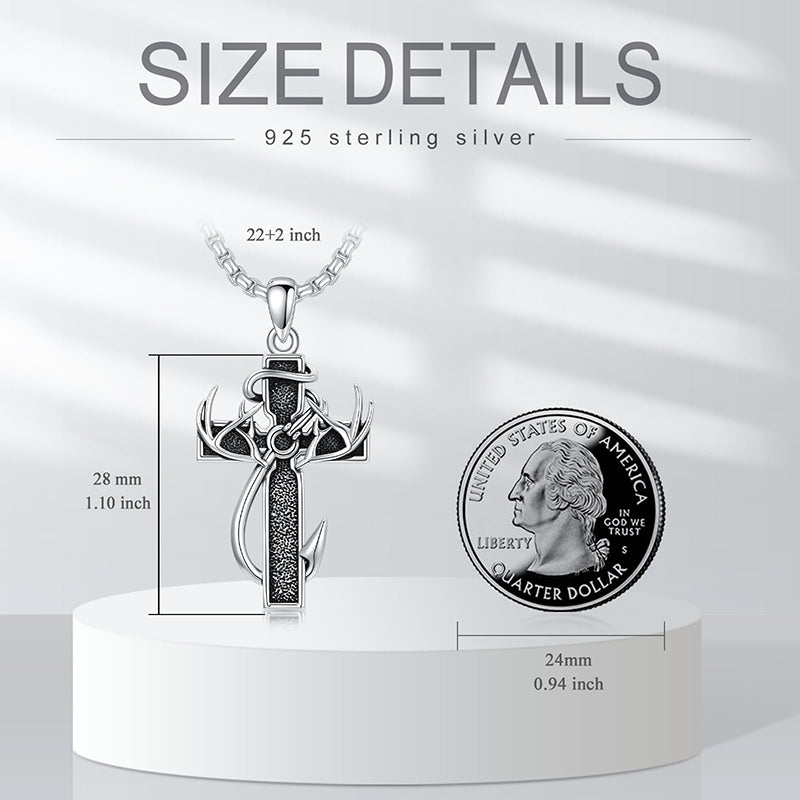 Sterling Silver Deer Antler Fish Hook & Cross Urn Necklace for Ashes