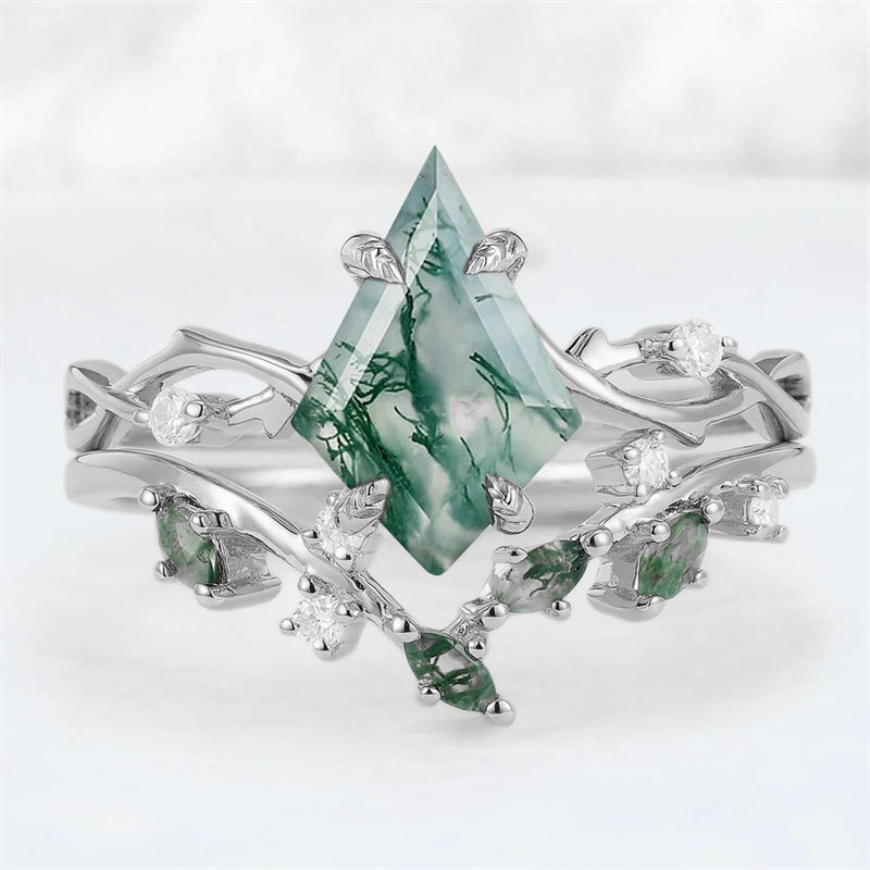 Sterling Silver 10K 14K 18K Gold  Personalized  Engraved Natural Moss Agate Engagement Bridal Wedding Ring Set