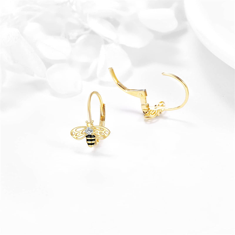14K Yellow Gold Honey Bee Leverback Earrings