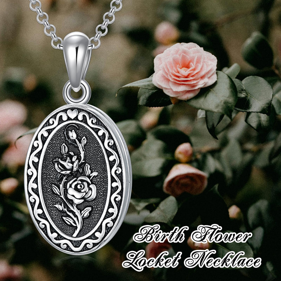 Sterling Silver Personalized Photo 12 Month Birth Flower Pendant Necklace