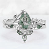 Sterling Silver 10K 14K 18K Gold  Personalized  Engraved Natural Moss Agate Engagement Bridal Wedding Ring Set