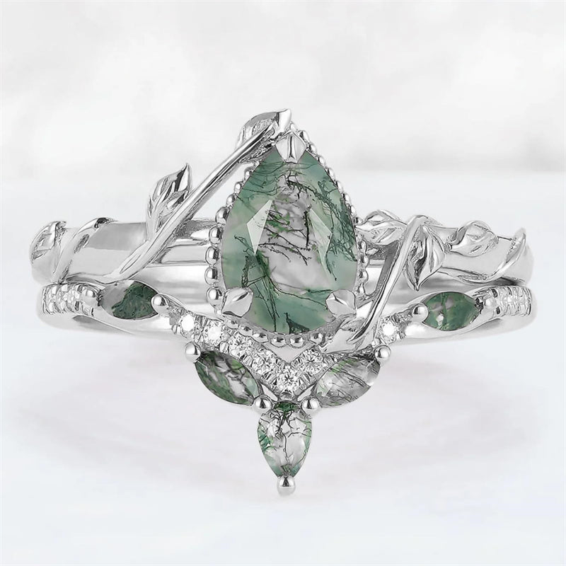 Sterling Silver 10K 14K 18K Gold  Personalized  Engraved Natural Moss Agate Engagement Bridal Wedding Ring Set