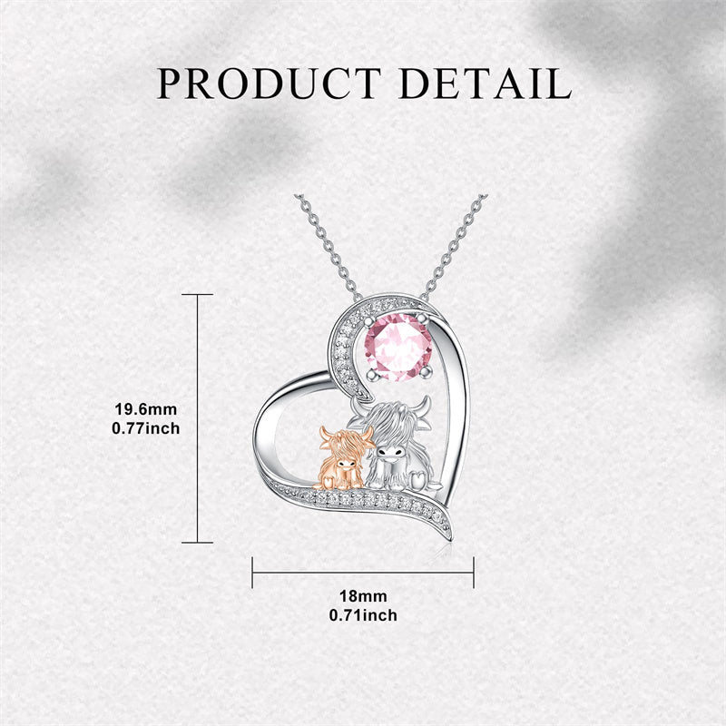 Sterling Silver Birthstone Two Highland Cow Pendant Necklace