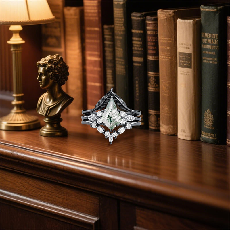 Sterling Silver Personalized Engraved Moss Agate Bridal Wedding Promise Engagement Ring Set for Women