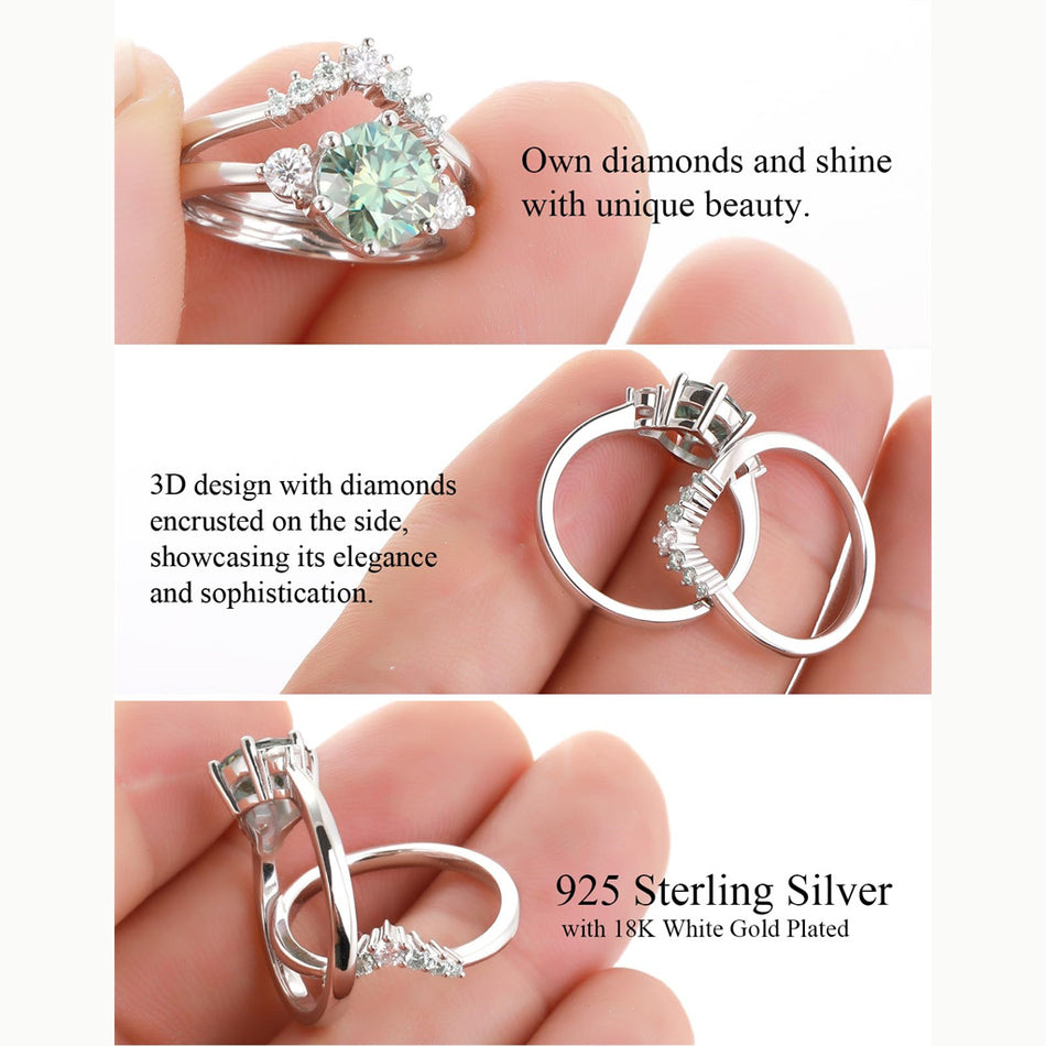 Sterling Silver Light Green Moissanite Engagement Rings Set for Women