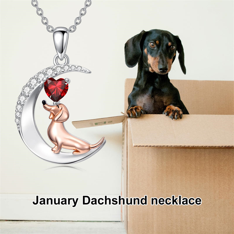 Sterling Silver Heart Birthstone  Dachshund Pendant Necklace