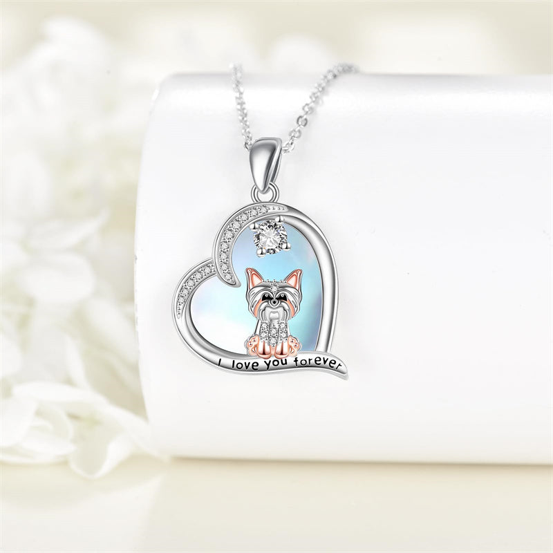 Sterling Silver  Heart Moonstone Yorkie Dog Pendant Engraved I Love You Forever