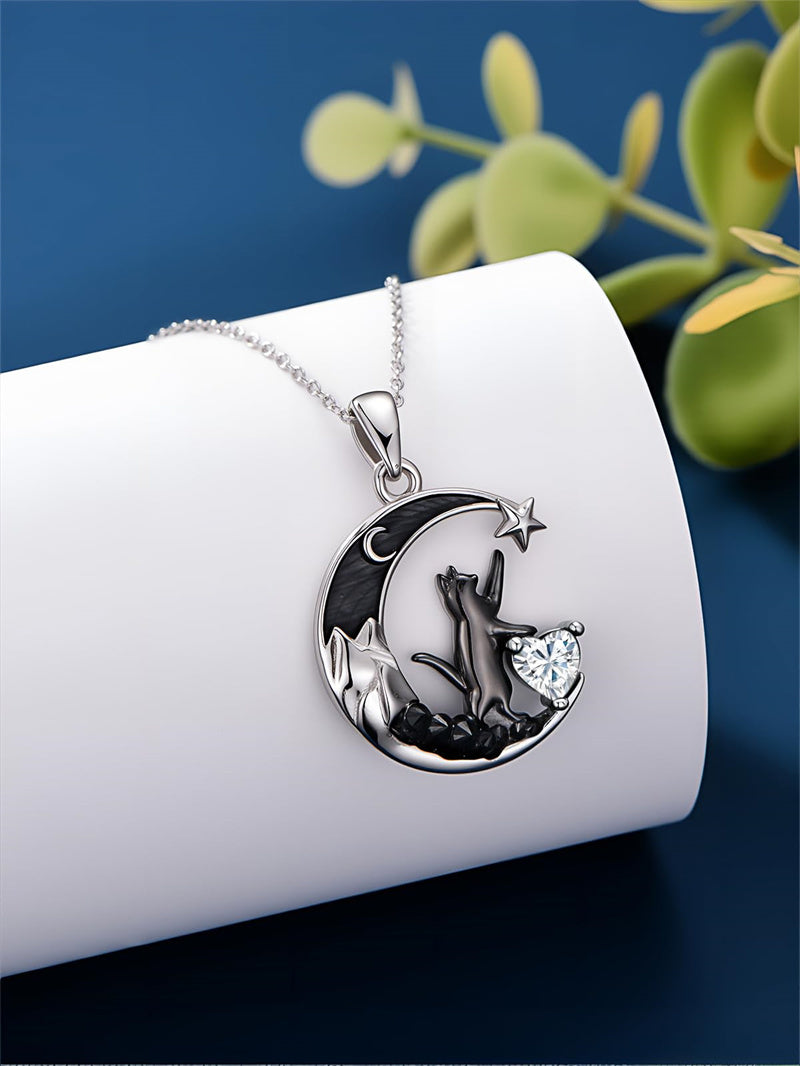Sterling Silver Heart Birthstone Moon Star Black Cat Pendant Necklace
