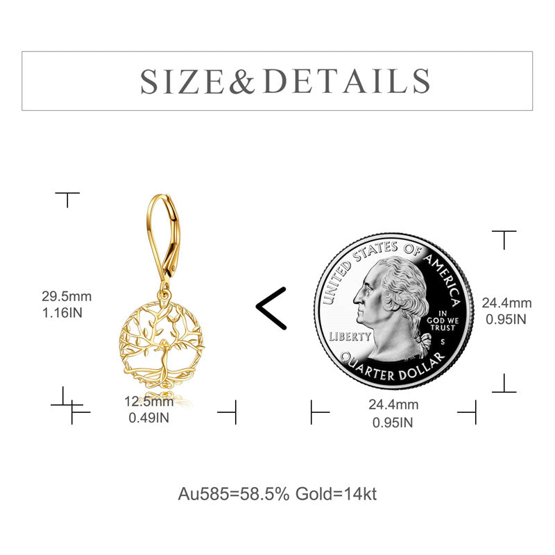 14K Gold Tree of Life Leverback Earrings