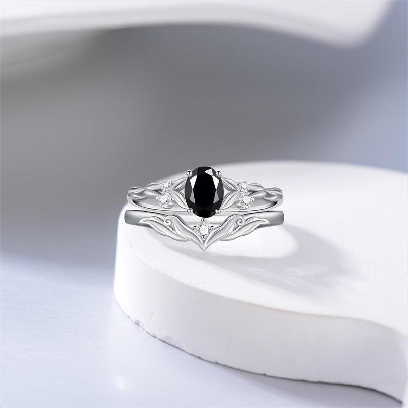 Sterling Silver 10K 14K 18K Gold  Oval Cut Unique Vine Gemstone Wedding Ring Set