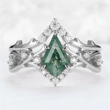 Sterling Silver 10K 14K 18K Gold  Personalized  Engraved Natural Moss Agate Engagement Bridal Wedding Ring Set