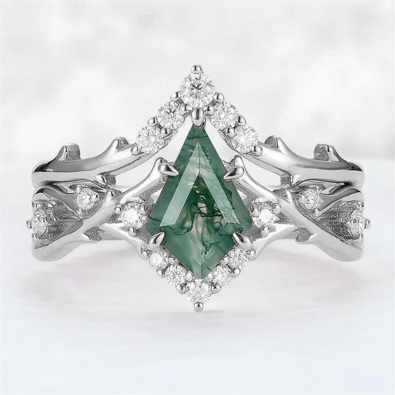 Sterling Silver 10K 14K 18K Gold  Personalized  Engraved Natural Moss Agate Engagement Bridal Wedding Ring Set