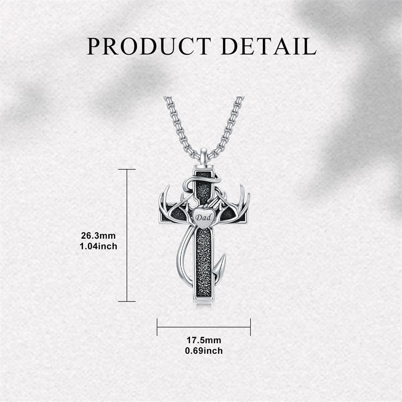 Sterling Silver Deer Antler Fish Hook & Cross Urn Necklace for Ashes