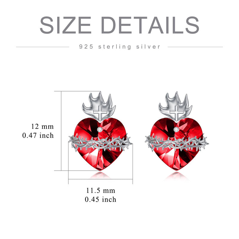 Sterling Silver Heart Crystal Sacred Heart of Jesus Studs Earrings