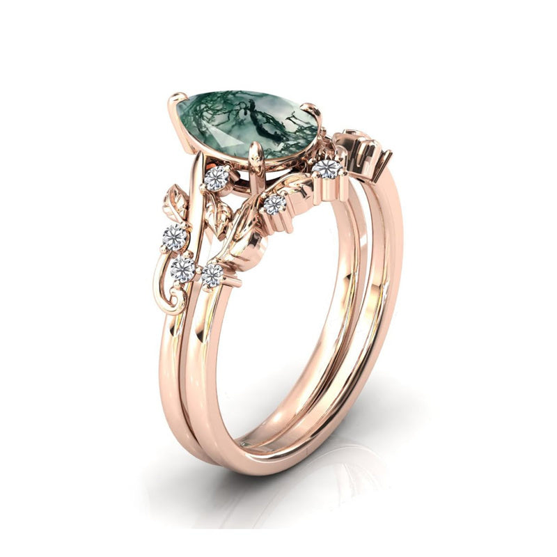 Sterling Silver Heart Moss Agate Set Engagement Wedding Ring