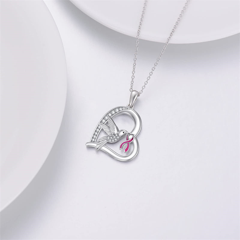 Sterling Silver Cubic Zircon Hummingbird Cancer Awareness Pendant Necklace Gifts for Women
