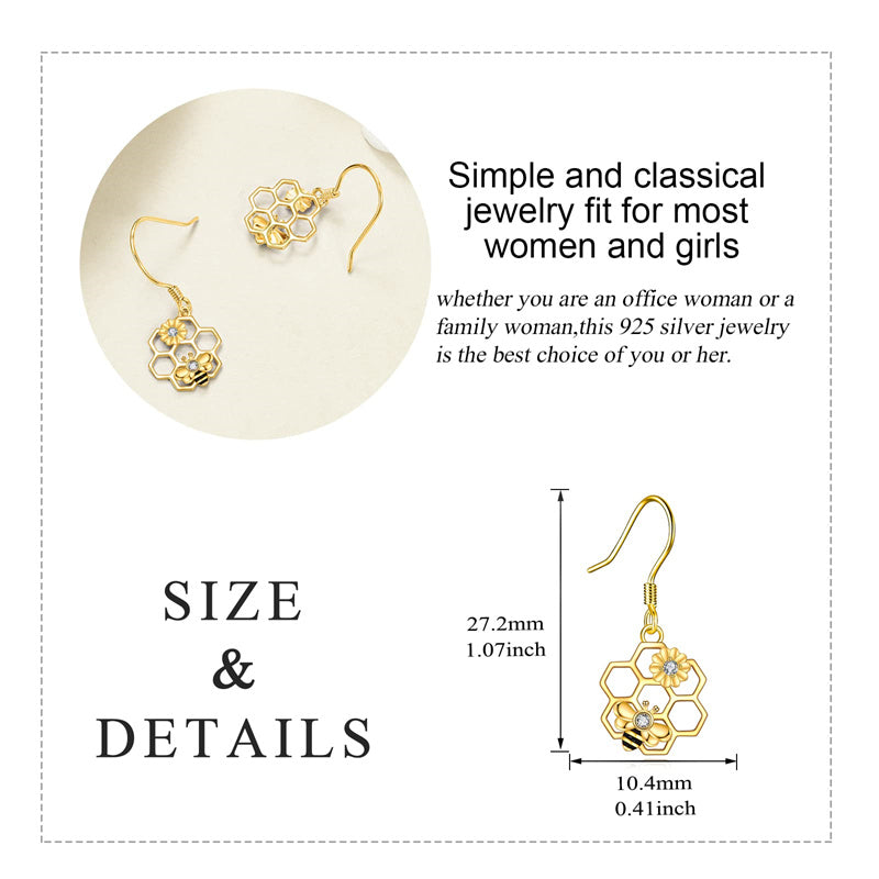 14k Yellow Gold Bee Earrings Honeycomb Bee & Sunflower Dangle Earrings