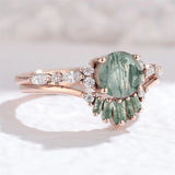 Sterling Silver 10K 14K 18K Gold  Personalized  Engraved Natural Moss Agate Engagement Bridal Wedding Ring Set