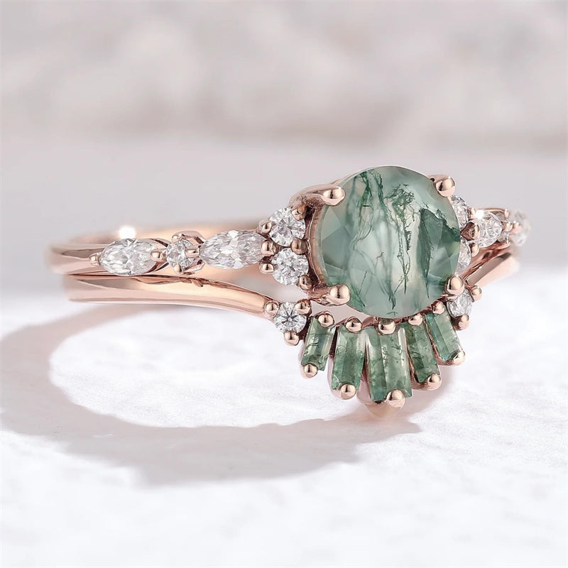 Sterling Silver 10K 14K 18K Gold  Personalized  Engraved Natural Moss Agate Engagement Bridal Wedding Ring Set