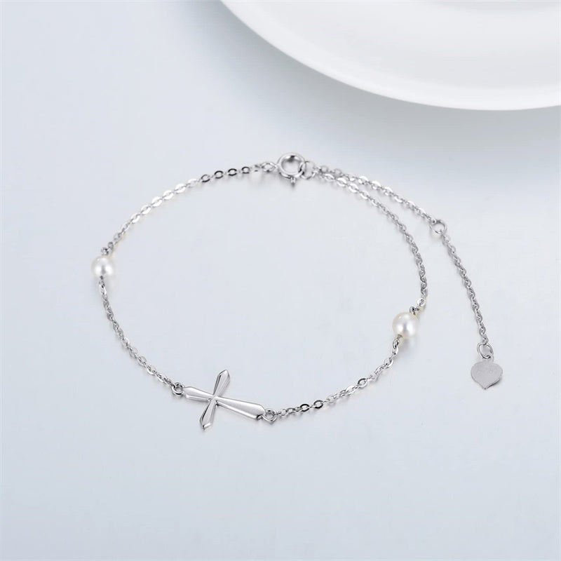 14k Gold Pearl Cross Single Layer Anklet