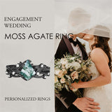 Sterling Silver Personalized Engraved Moss Agate Bridal Wedding Promise Engagement Ring Set for Women