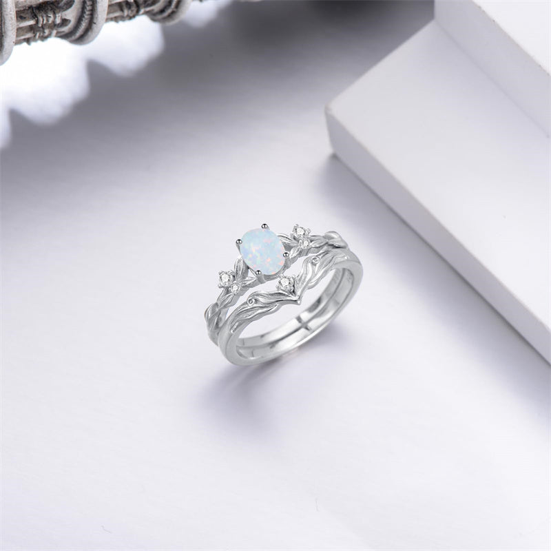 Sterling Silver 10K 14K 18K Gold  Oval Cut Unique Vine Gemstone Wedding Ring Set