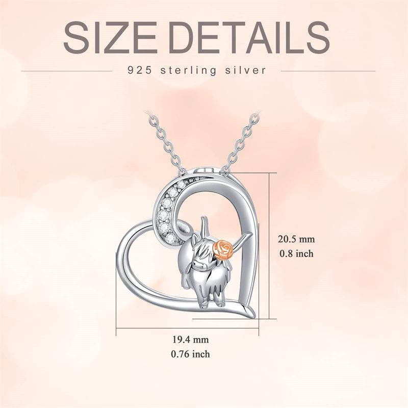 Sterling Silver Heart Highland Cow Pendant Necklace