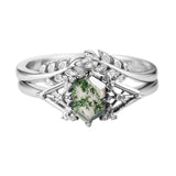 Sterling Silver Personalized  Engraved Hexagon Cut Moss Agate Engagement Wedding Ring Set for Women