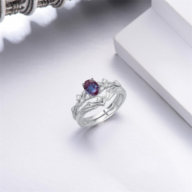 Sterling Silver 10K 14K 18K Gold  Oval Cut Unique Vine Gemstone Wedding Ring Set