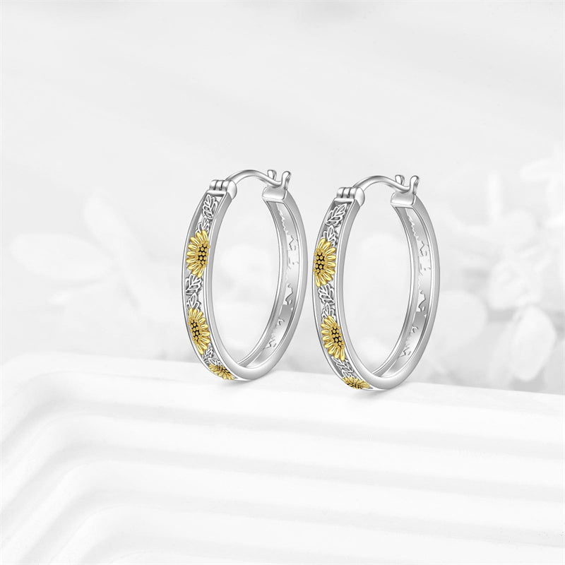 Sterling Silver Sunflower Hoop Earrings