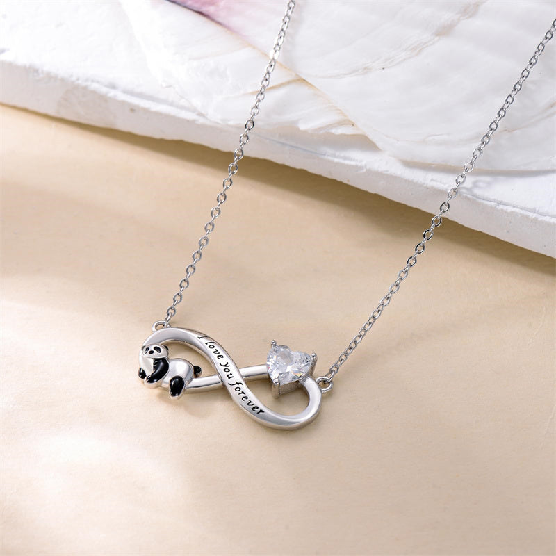 Sterling Silver Birthstone Infinity Panda Pendant Necklace Engraved with I Love Forever