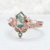 Sterling Silver 10K 14K 18K Gold  Personalized  Engraved Natural Moss Agate Engagement Bridal Wedding Ring Set