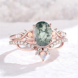 Sterling Silver 10K 14K 18K Gold  Personalized  Engraved Natural Moss Agate Engagement Bridal Wedding Ring Set