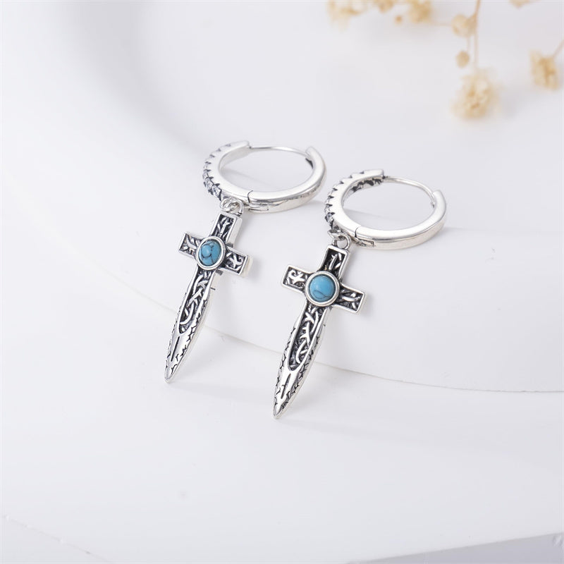Sterling Silver Turquoise Cross Hoop Earrings