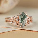 Sterling Silver 10K 14K 18K Gold  Personalized  Engraved Natural Moss Agate Engagement Bridal Wedding Ring Set