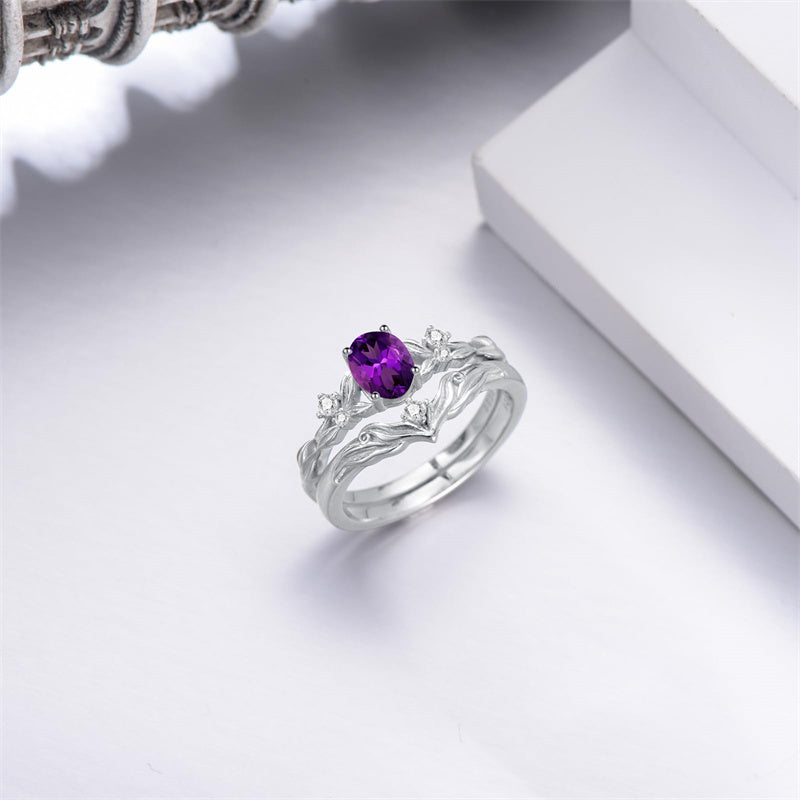 Sterling Silver 10K 14K 18K Gold  Oval Cut Unique Vine Gemstone Wedding Ring Set