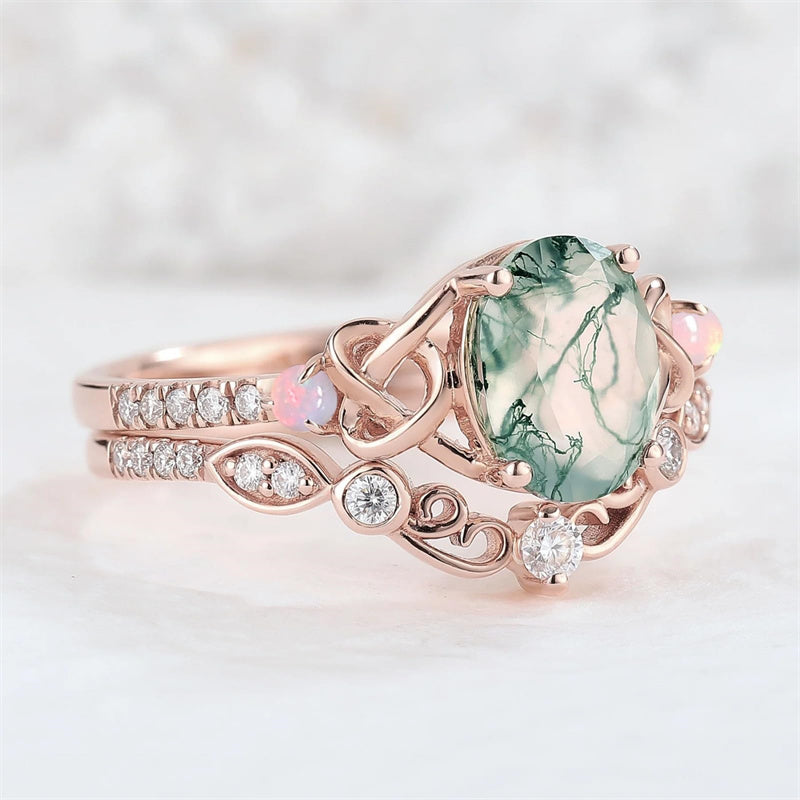 Sterling Silver 10K 14K 18K Gold  Personalized  Engraved Natural Moss Agate Engagement Bridal Wedding Ring Set