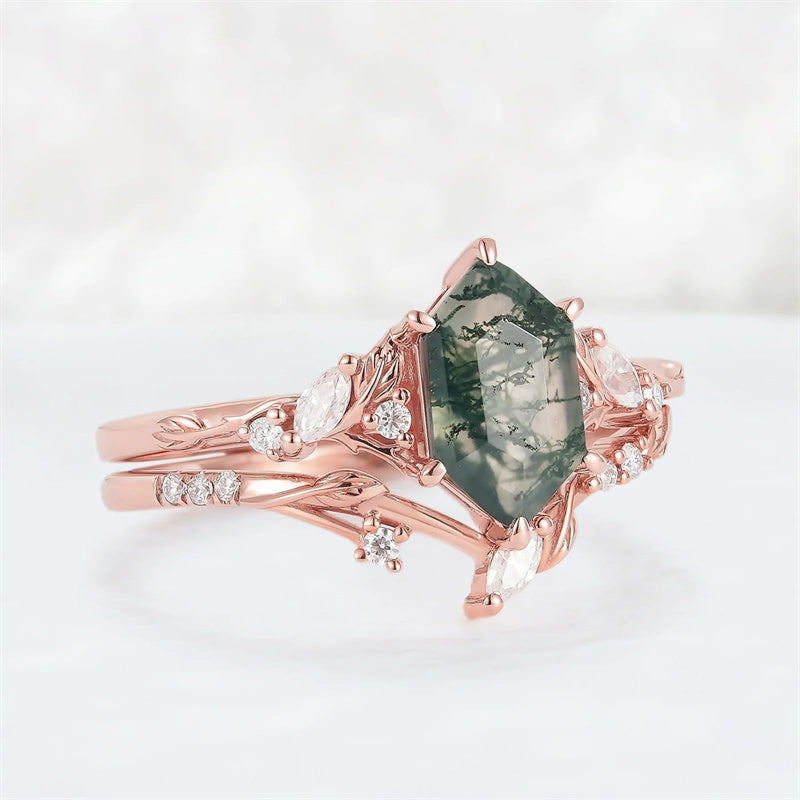 Sterling Silver 10K 14K 18K Gold  Personalized  Engraved Natural Moss Agate Engagement Bridal Wedding Ring Set