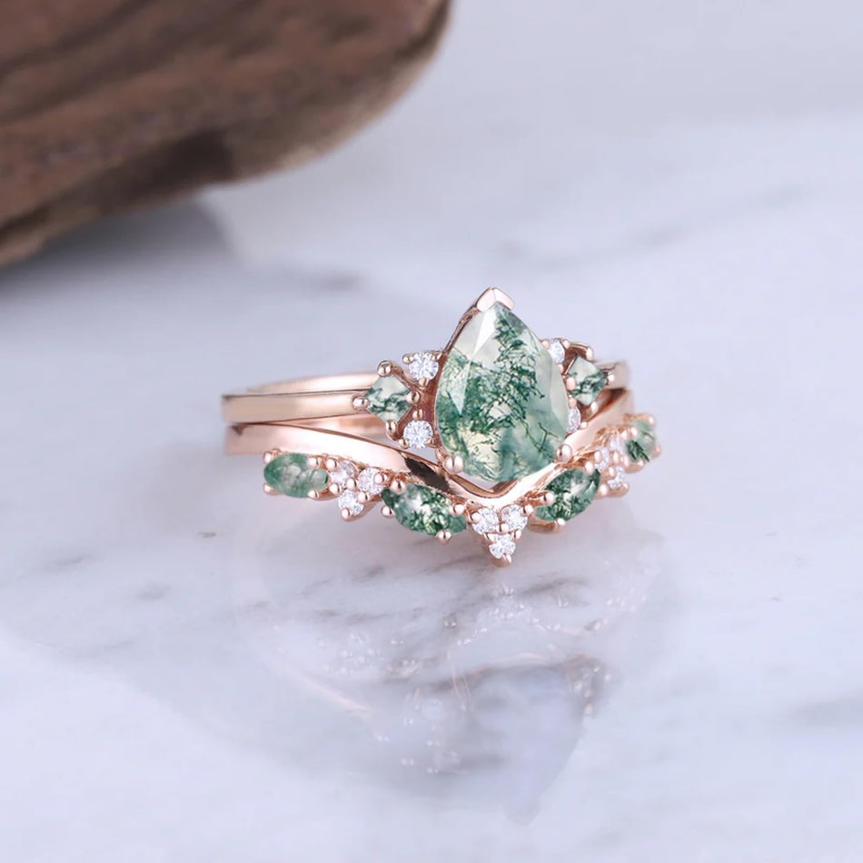 Sterling Silver 10K 14K 18K Gold  Personalized  Engraved Natural Moss Agate Engagement Bridal Wedding Ring Set