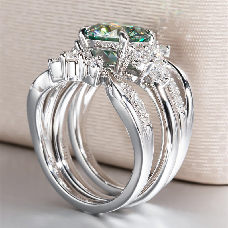 Sterling Silver 4.2 cttw Green Orange Red Moissanite Wedding Band Ring Set