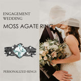 Sterling Silver Personalized Engraved Moss Agate Bridal Wedding Promise Engagement Ring Set for Women