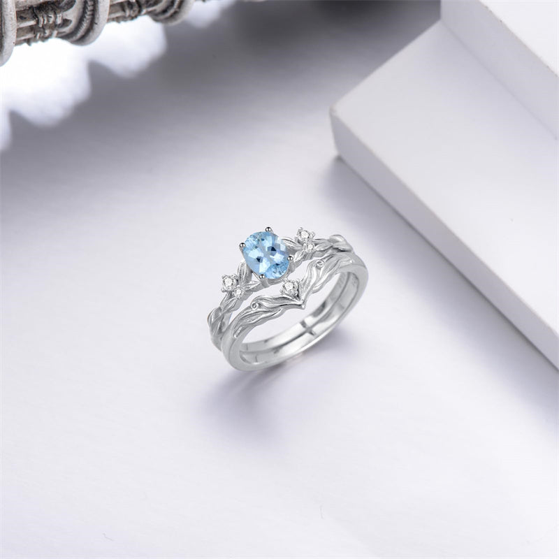 Sterling Silver 10K 14K 18K Gold  Oval Cut Unique Vine Gemstone Wedding Ring Set