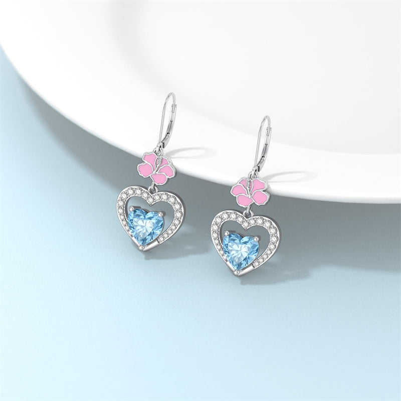 Sterling Silver Heart Cubic Zirconia Sunflower Rose Daisy Lily Lotus Hibiscus Dangle Earrings