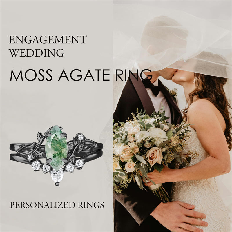 Sterling Silver Personalized Engraved Moss Agate Bridal Wedding Promise Engagement Ring Set for Women