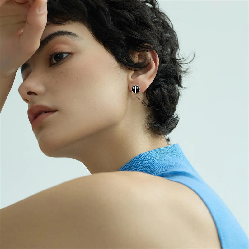 Sterling Silver Black Onyx Tree of Life Ankh Cross Skull Valknu Viking Stud Earrings